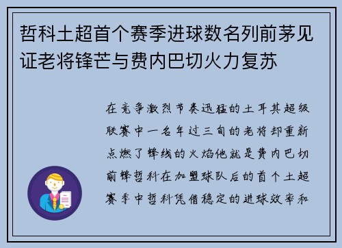 哲科土超首个赛季进球数名列前茅见证老将锋芒与费内巴切火力复苏 哲科土超首个赛季进球数名列前茅见证老将锋芒与费内巴切火力复苏