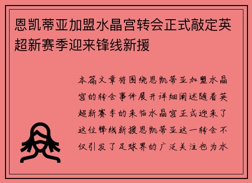 恩凯蒂亚加盟水晶宫转会正式敲定英超新赛季迎来锋线新援